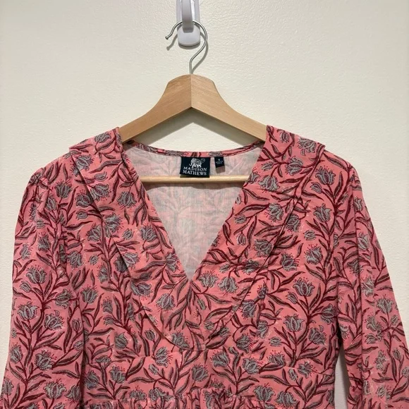 Madison Mathews || Block Print Fit‎ & Flare Mini Dress Floral Pink Small - Picture 2 of 9